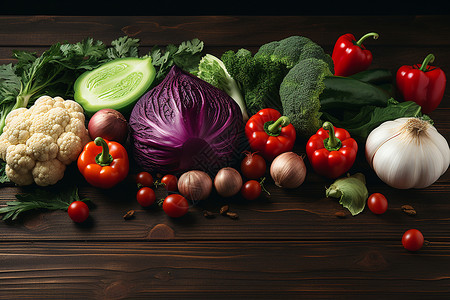 多种蔬菜放置在木桌上高清图片