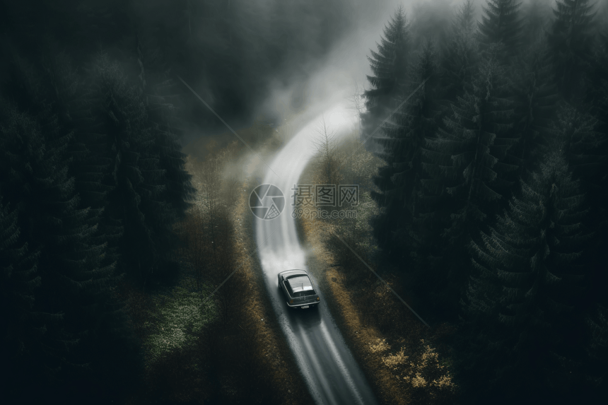 森林驶过的老式汽车图片