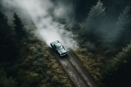 老式吉普车汽车驶过雾蒙蒙的森林背景