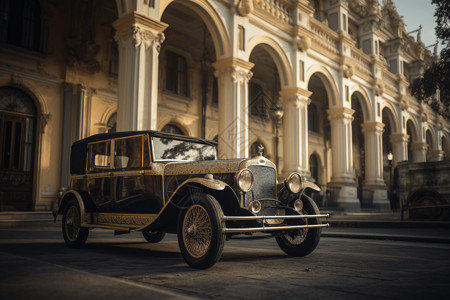 古董车停在宫殿前背景图片