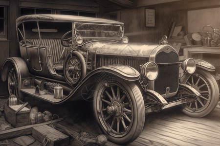 在车库里的古董汽车图片