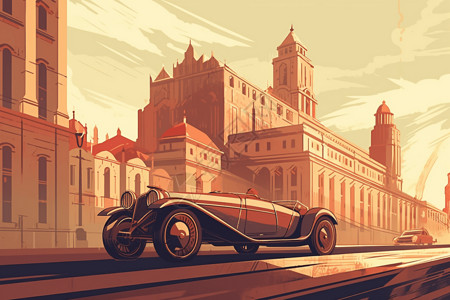 穿越欧洲毛笔字老式汽车穿越欧洲城市插画