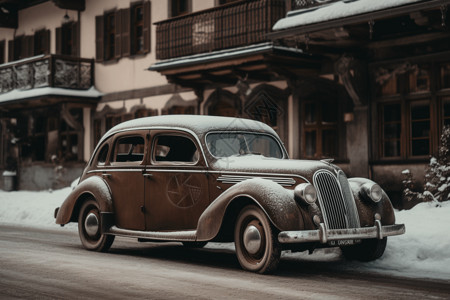 雪山小镇的古董车图片