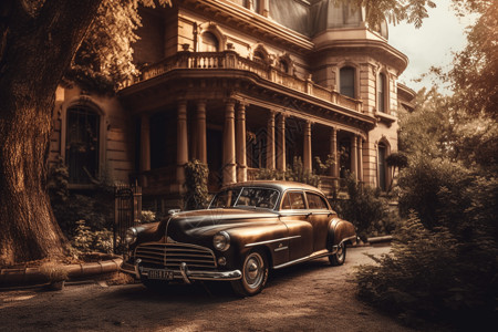 经典豪宅广阔的花园前的老式汽车设计图片
