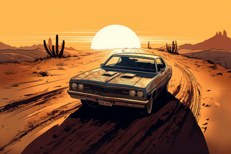 沙漠平原傍晚的汽车背景图片