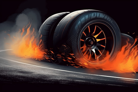 赛道路面背景周围是烟雾的轮胎插画