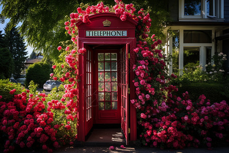 夏季花海中的复古电话亭背景图片