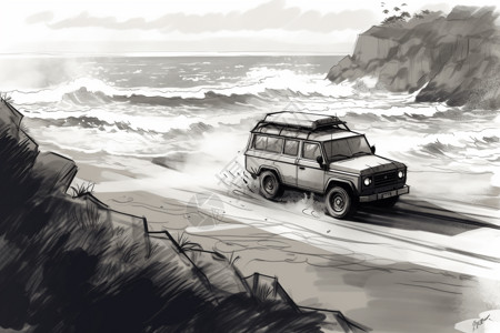 沙滩沿海汽车在沿海公路行驶插画