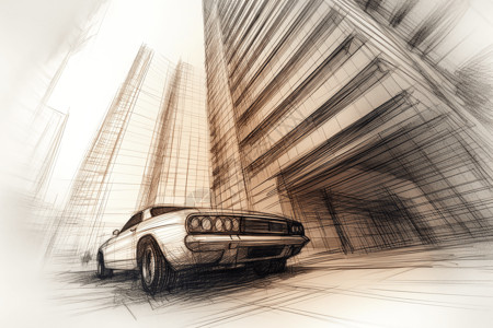 摩天大楼前的汽车素描背景图片