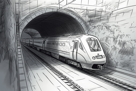 火车素描素材列车行驶过隧道插画