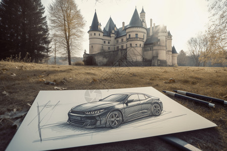 城堡前的汽车草图背景图片
