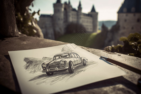 户外城堡前的汽车草图背景图片