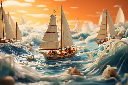 精致的海浪中的帆船模型图片