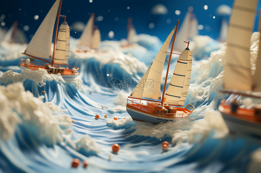 海浪中的迷你帆船模型图片