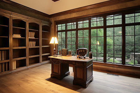 宽敞的木质家具书房装潢图片