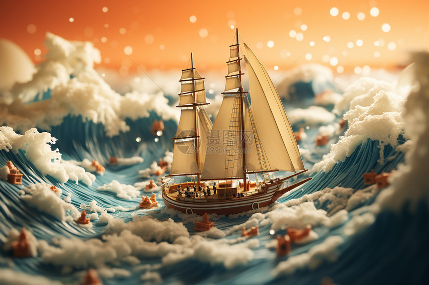 海浪中的帆船模型图片