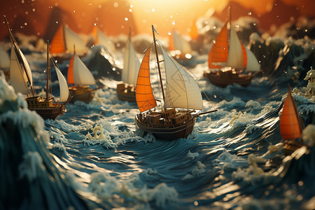 汹涌海浪中的帆船模型背景图片