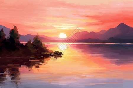 湖面日出宁静与和平：日出中的湖泊与山脉插画