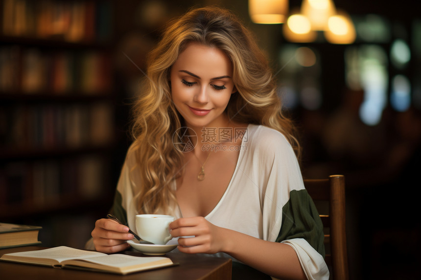 咖啡店安静阅读的女士图片