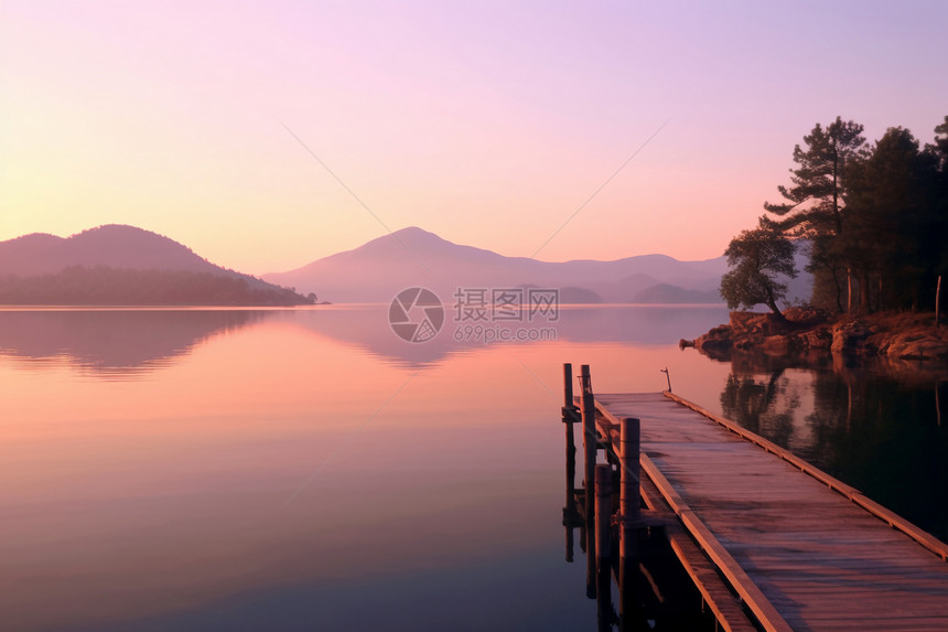 山间湖面上紫色的夕阳图片