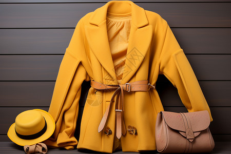 针织服装针织帽与钱包摆在墙边桌子上的黄色大衣背景
