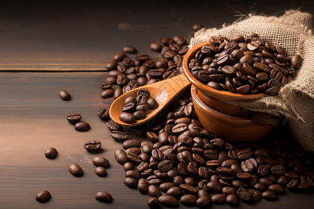 咖啡豆和木勺子木桌上一袋咖啡豆旁的作品背景