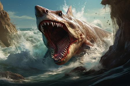 巨齿鲨深海猎食的变异大白鲨插画