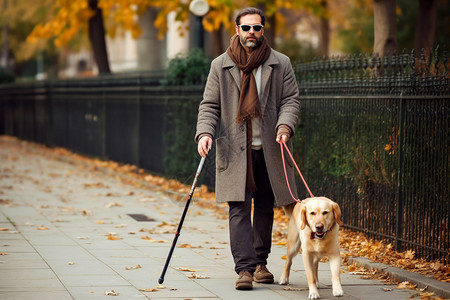 盲人带着导盲犬散步背景