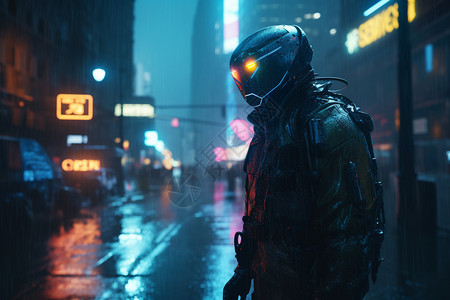 夜晚路人站在城市的机器人设计图片
