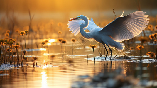 落日湿地里的飞鸟高清图片