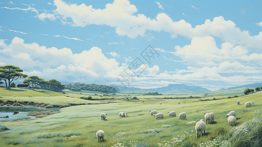 大草原羊群蓝天下的羊群插画