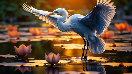 飞鸟在湖面上张开翅膀图片
