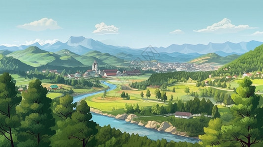 绿色城镇山里的城镇风景插画