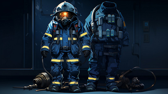 消防装备消防员及消防设备插画