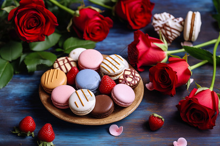 浪漫甜品玫瑰花旁的马卡龙甜品背景