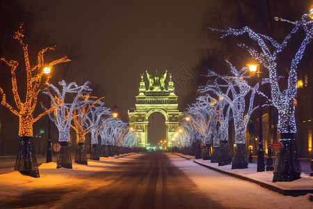 被雪装饰建筑夜晚彩灯装饰的欧式道路背景