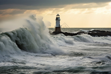 风暴天气下的海中灯塔图片
