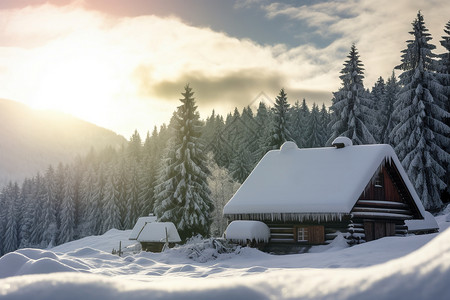 寒冷冬季的林中木屋图片