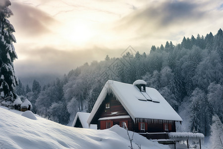 冬季宁静的雪中木屋图片