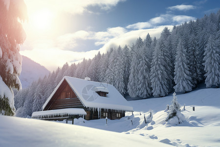 冬季大雪覆盖的木屋图片
