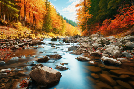 秋季美丽的山间溪流景观图片