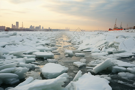 破冰船冬季河流上破碎的冰面背景