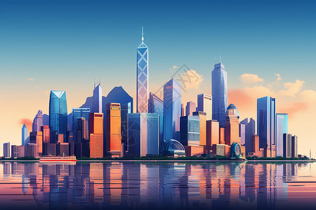 市中心繁华夕阳下的繁华城市平面插图插画