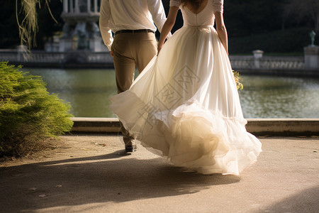 户外拍婚纱照的浪漫夫妻背景图片