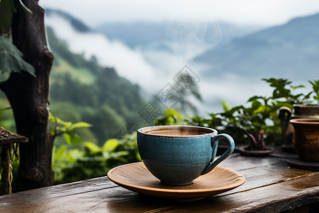 您可以欣赏山景自然清新的咖啡背景