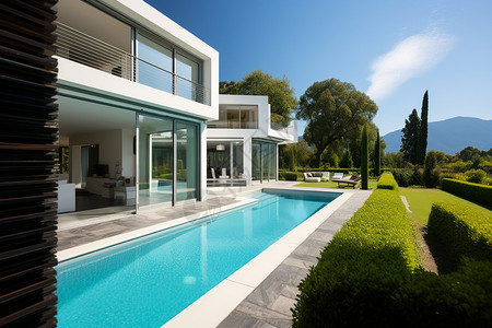 夏季奢华别墅的泳池背景图片