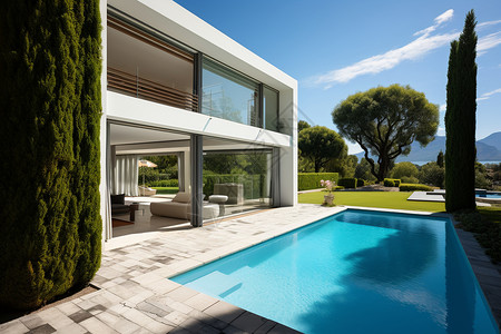现代豪华别墅的泳池后院背景图片