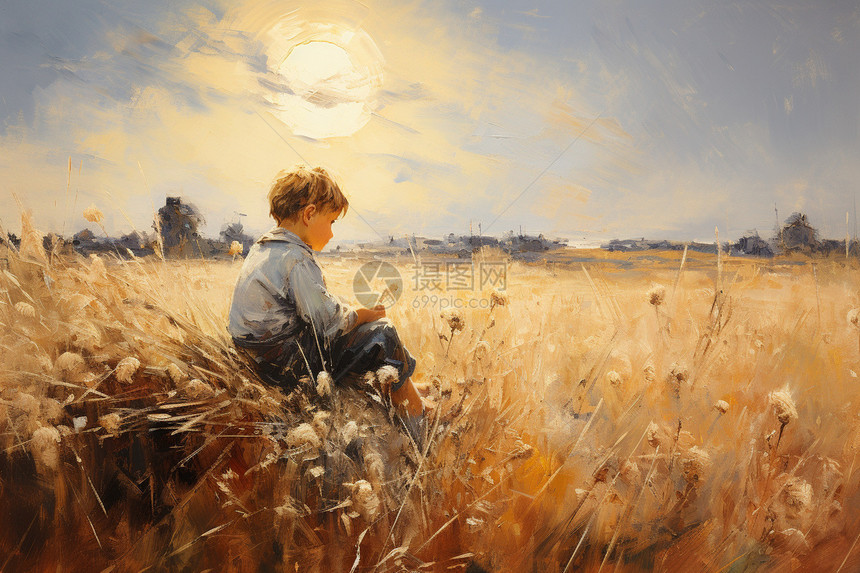 小男孩坐在农田里图片