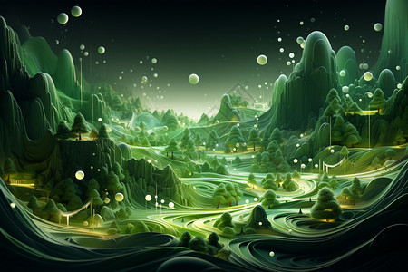 幻想绿色森林创意抽象绿色波浪插图插画