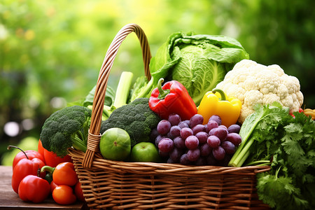 蔬菜收获户外的一筐新鲜蔬菜水果背景